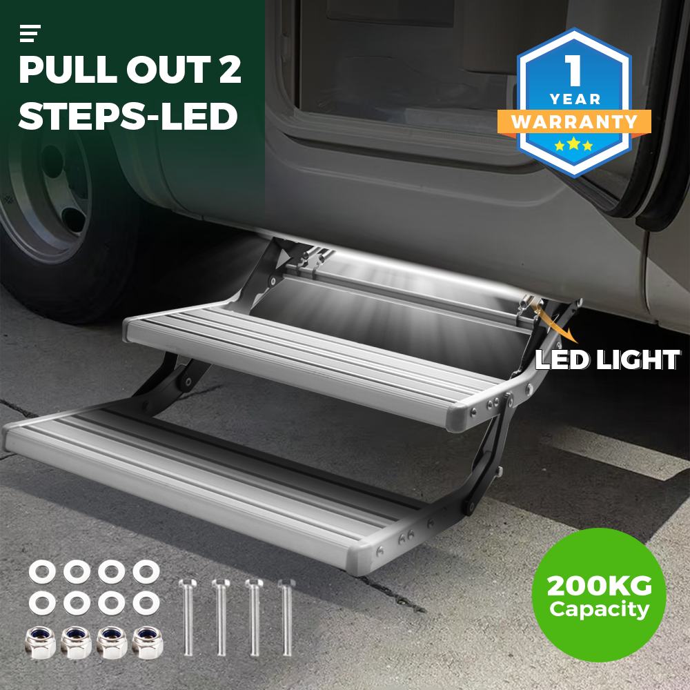 Caravan Aluminum Steps Double Step Pull Out 12V LED Light YS